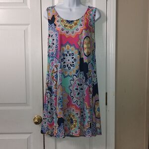 Jenny Boston mandala print sleeveless babydoll dress with pockets Sz XL